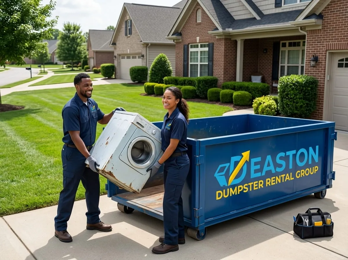 Worker beside a commercial roll-off dumpster from Easton Dumpster Rental Group in Easton, PA